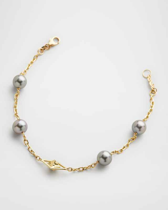 18K Yellow Gold 8mm Gray Tahitian 4-Pearl and Cube Bracelet, 7"L